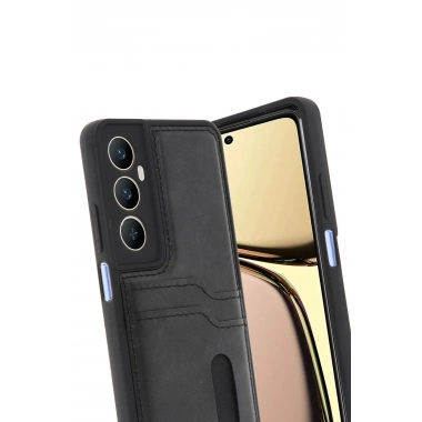 Mey İthalat® Realme C65 Sara Kartvizitli Deri Kılıf - Siyah