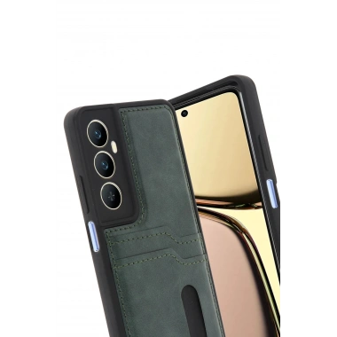 Mey İthalat® Realme C65 Sara Kartvizitli Deri Kılıf - Yeşil