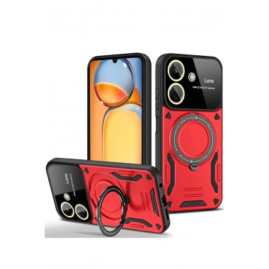 Mey İthalat®   Redmi 13C Kılıf Joy Lens Standlı Kapak - Kırmızı