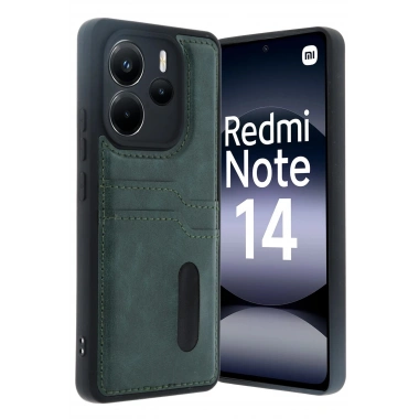 Mey İthalat® Redmi Note 14 4G Kılıf Sara Kartvizitli Deri Kılıf - Koyu Yeşil