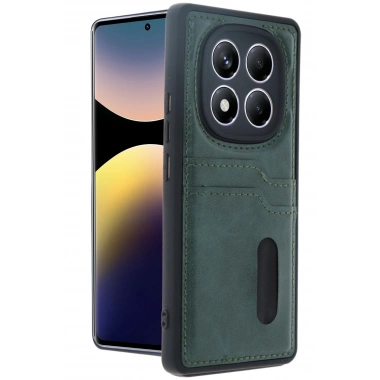 Mey İthalat® Redmi Note 14 Pro 5G Kılıf Sara Kartvizitli Deri Kılıf - Koyu Yeşil