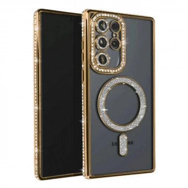 Mey İthalat®  Samsung Galaxy S23 Ultra Joke Simli Magneticsafe Kılıf - Gold
