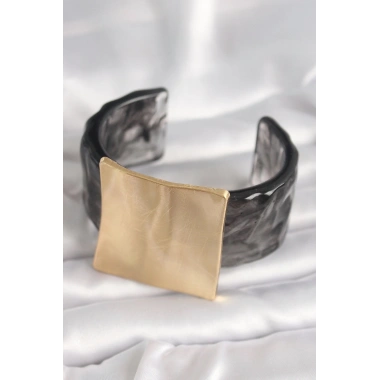 Mey İthalat® Siyah Mermer Desen Akrilik Plastik Gold Kare Plaka Model Vintage Kadın Bilezik