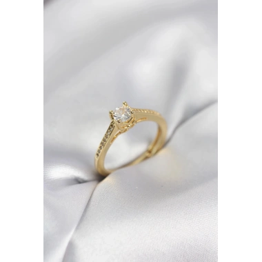 Mey İthalat® Tek Taş Gold Renk Zirkon Taşlı Model Kadın Yüzük