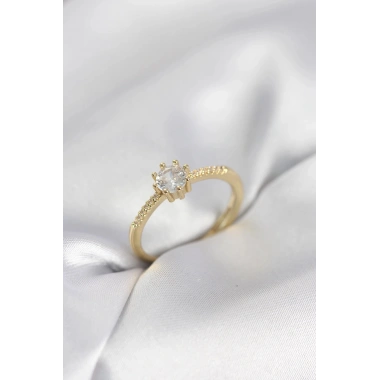 Mey İthalat® Tek Taş Model Gold Renk Zirkon Taşlı Kadın Yüzük