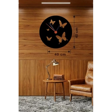 Mey İthalat® Uçuşan Kelebekler Tasarım Ahşap Duvar Saati - 40x40 cm Dekoratif