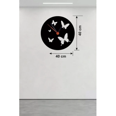 Mey İthalat® Uçuşan Kelebekler Tasarım Ahşap Duvar Saati - 40x40 cm Dekoratif