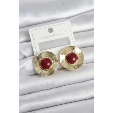 Mey İthalat® Vintage Model Bordo Gold Renk Pirinç Kadın Küpe