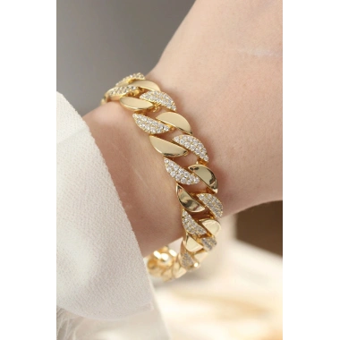 Mey İthalat® Vip Seri Pirinç Zirkon Taşlı Gold Renk Gurmet Bileklik