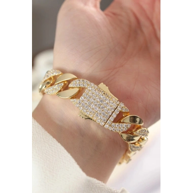 Mey İthalat® Vip Seri Pirinç Zirkon Taşlı Gold Renk Gurmet Bileklik