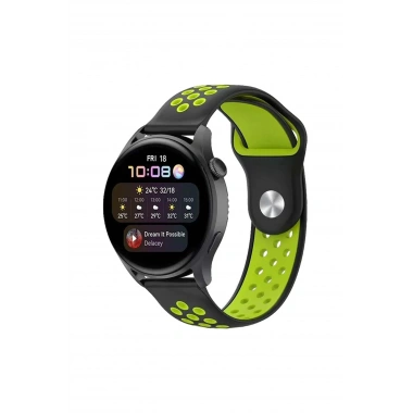 Mey İthalat® Watch 20mm Spor Delikli Kordon - Siyah-Yeşil