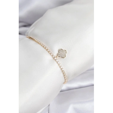 Mey İthalat® Yonca Model Zirkon Taşlı Gold Renk Asansörlü Su Yolu Bileklik