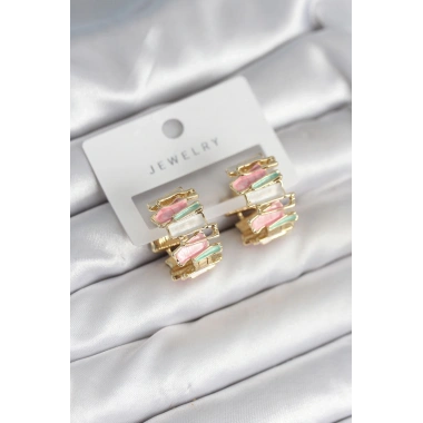 Mineli Karışık Renkli Gold Pirinç Kadın Küpe