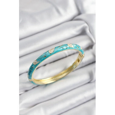 Mineli Pirinç Krem Ve Turkuaz Yaprak Motifli Gold Renk Kadın Kelepçe