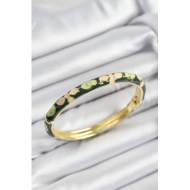 Mineli Pirinç Krem Ve Yeşil Çiçek Motifli Gold Renk Kadın Kelepçe