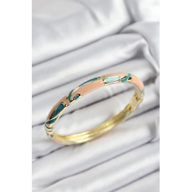 Mineli Pirinç Krem Ve Yeşil Mermer Motifli Gold Renk Kadın Kelepçe