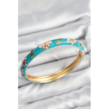 Mineli Pirinç Mavi Çiçek Motifli Gold Kadın Kelepçe