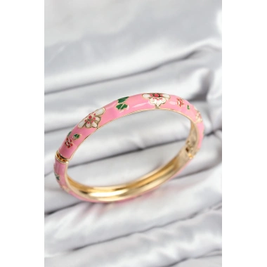 Mineli Pirinç Pembe Çiçek Motifli Gold Kadın Kelepçe