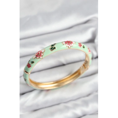 Mineli Pirinç Su Yeşili Çiçek Motifli Gold Kadın Kelepçe