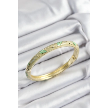 Mineli Pirinç Yeşil Yaprak Motifli Gold Renk Kadın Kelepçe