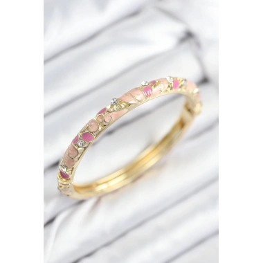 Mineli Pirinç Zirkon Taşlı Pembe Çiçek Motifli Gold Kadın Kelepçe