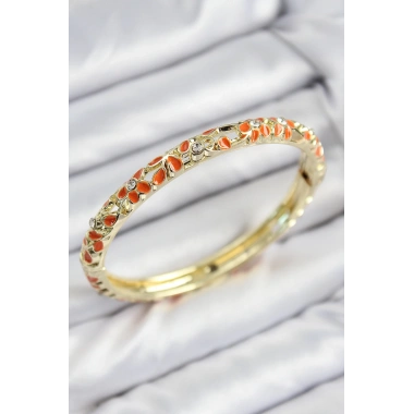 Mineli Pirinç Zirkon Taşlı Turuncu Çiçek Motifli Gold Kadın Kelepçe