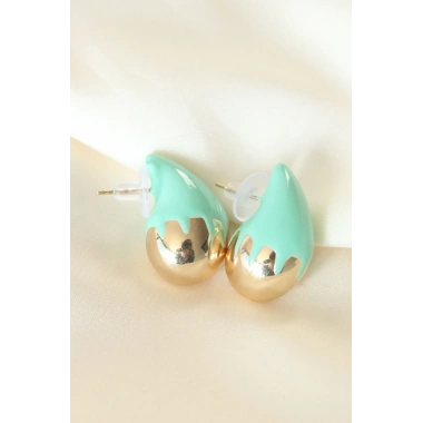 Minimal Turkuaz Mineli Çift Renk Damla Küpe