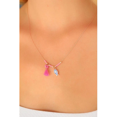 Nazar Boncuklu Pembe Renk Taşlı Rose Bayan Kolye