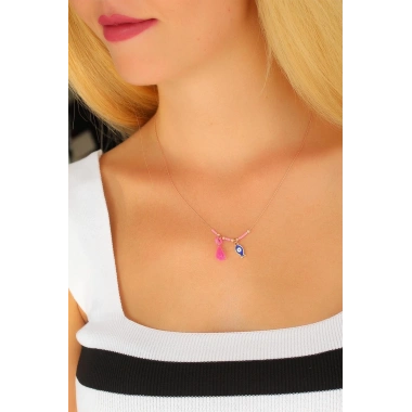 Nazar Boncuklu Pembe Renk Taşlı Rose Bayan Kolye