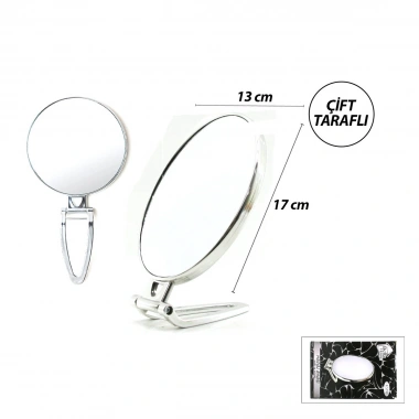 OVAL - GÜMÜŞ 6.5 INC=16.5X13CM MAKYAJ AYNASI ÇİFT TARAFLI KATLANIR AYAKLI (5468)