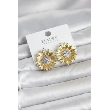 Papatya Model Zirkon Taşlı Pirinç Gold Renk Kadın Küpe