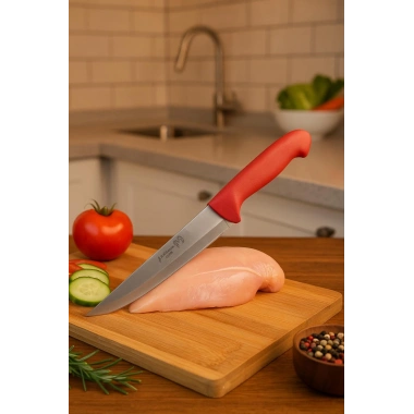 Paslanmaz Çelik Kasap Bıçağı Kırmızı Saplı Et ve Mutfak Bıçağı 27 cm
