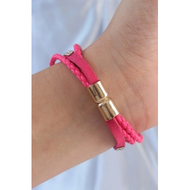 Pembe Renk Zirkon Taşlı Deri Çoklu Bileklik