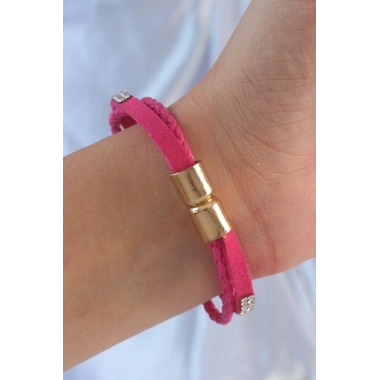 Pembe Renk Zirkon Taşlı Deri Çoklu Bileklik