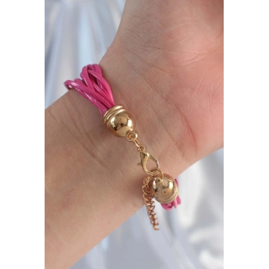 Pembe Renk Zirkon Taşlı İpli Çoklu Bileklik