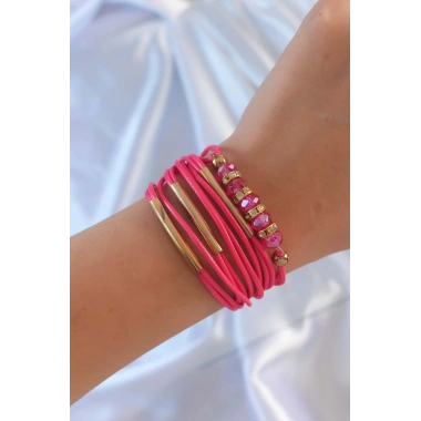 Pembe Renk Zirkon Taşlı Metal Aksesuarlı İpli Çoklu Bileklik