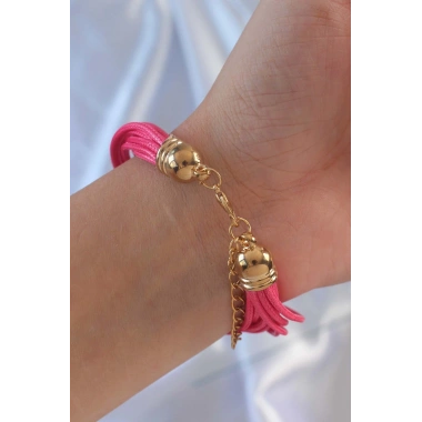 Pembe Renk Zirkon Taşlı Metal Aksesuarlı İpli Çoklu Bileklik