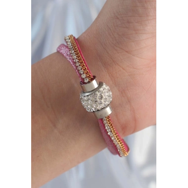 Pembe Renk Zirkon Taşlı Püskül Detay Deri Çoklu Bileklik