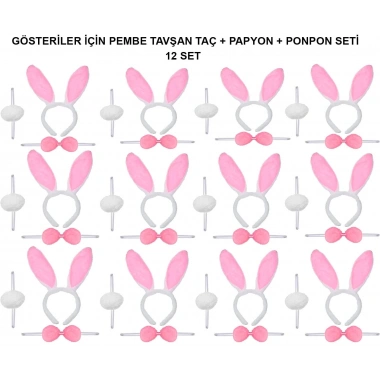 Pembe Tavşan Kostüm Seti – Taç, Papyon, Ponpon (12’li Paket)