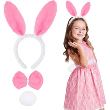 Pembe Tavşan Kostüm Seti – Taç, Papyon, Ponpon (12’li Paket)