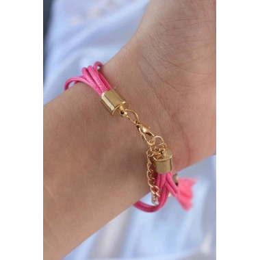 Pembe Zirkon Taşlı İpli Püskül Detay Çoklu Bileklik