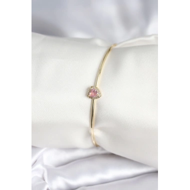 Pembe Zirkon Taşlı Kalp Model Gold Renk Kadın Bileklik