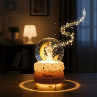 Pilli Işıklı Müzikli Kar Küresi–Hilal Ay Önünde Prenses Figürlü Eğlenceli Masaüstü Biblo, LED Aydınlatmalı Dekoratif Hediyelik Kar Küresi (5468)