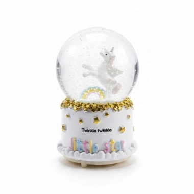 Pilli Işıklı Müzikli Kar Küresi–Pony At Figürlü Eğlenceli Masaüstü Biblo, LED Aydınlatmalı Dekoratif Hediyelik Kar Küresi (5468)