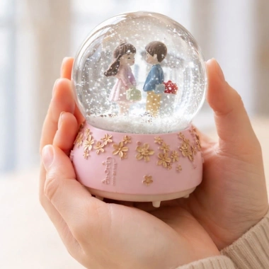 Pilli Işıklı Müzikli Kar Küresi–Sevgili Çiçek Detay Figürlü Eğlenceli Masaüstü Biblo, LED Aydınlatmalı Dekoratif Hediyelik Kar Küresi (5468)