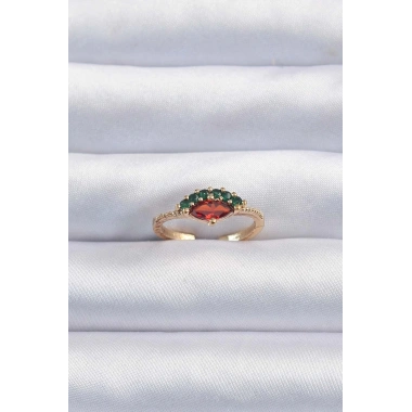 Pirinç Altın Renk Renkli Zirkon Taşlı Ayarlanabilir Karpuz Model Yüzük