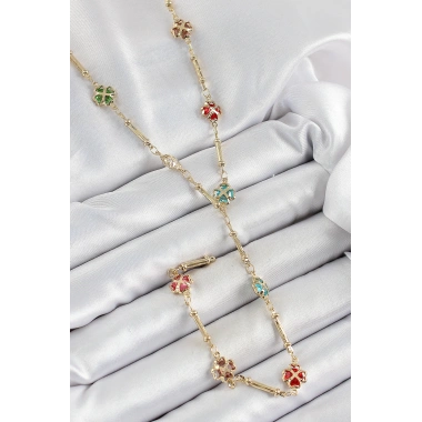 Pirinç Asorti Kalpli Yonca Model Gold Renk Zirkon Taşlı Y Kolye