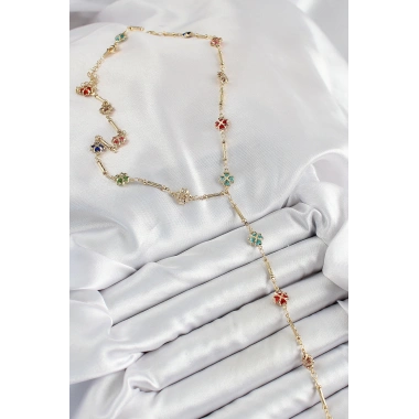 Pirinç Asorti Kalpli Yonca Model Gold Renk Zirkon Taşlı Y Kolye