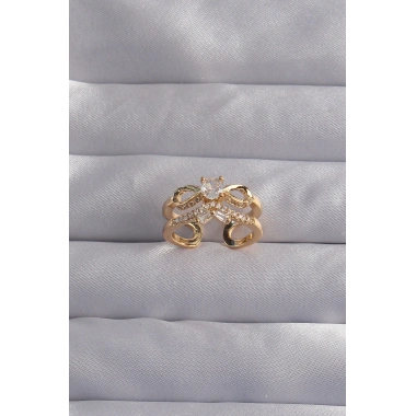 Pirinç Ayarlamalı Gold Renk Zirkon Taşlı 2li Görünüm Fiyonk Yüzük