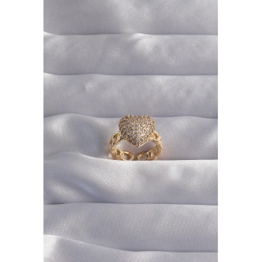 Pirinç Ayarlamalı Gold Renk Zirkon Taşlı Bombeli Kalp Yüzük